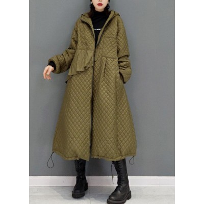 Green Plaid Fine Cotton Filled coats drawstring Zip Up Winter