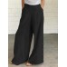 Women Cotton Solid Color Button Side Pocket Elastic Waist Wide Leg Pants