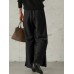 Women Pure Color Side Button Elastic Waist Casual Wide Leg Pants With Pocket