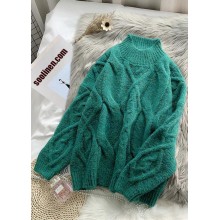 Women green Sweater dress outfit plus size high neck thick daily  knit dress